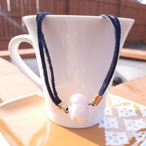 Cream & Red Glass Round Bead Leather Necklace